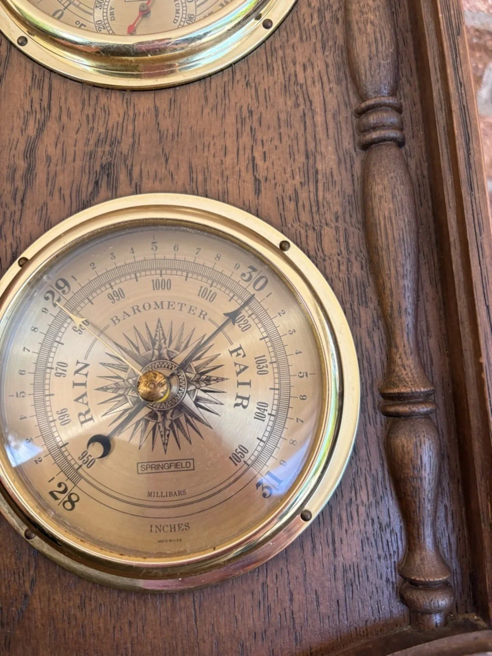 Vintage-Style Brown Wood Wall Barometer and Thermometer